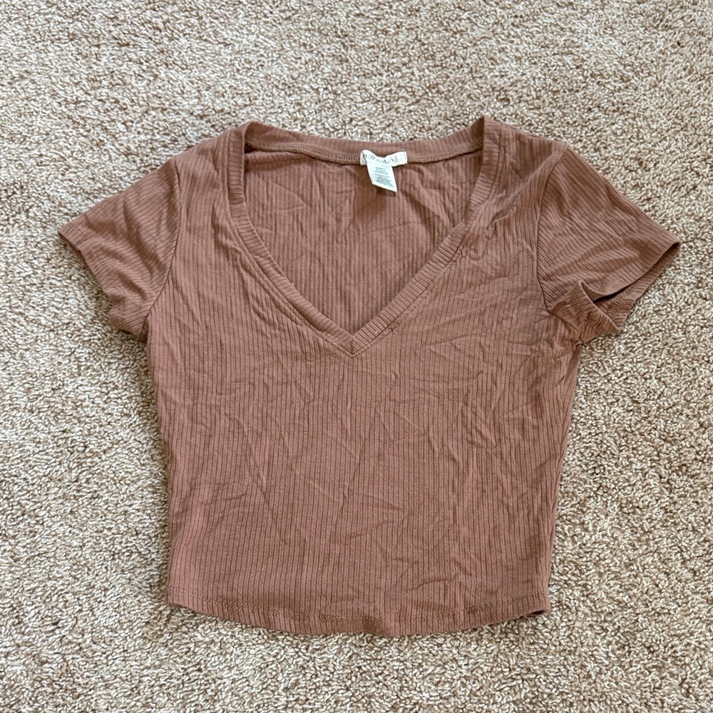 Bozzolo Brown Ribbed V-Neck Crop Top